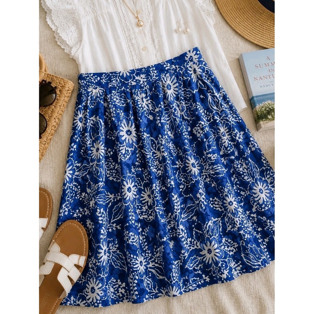 Jones New York 18W Blue White Floral Cotton A Line Skirt Coastal Cottagecore